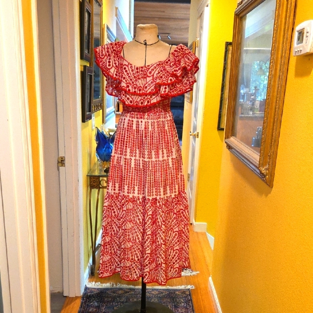 Zimmerman Elegant Red And White Embroidered‎ Patterned Maxi Dress